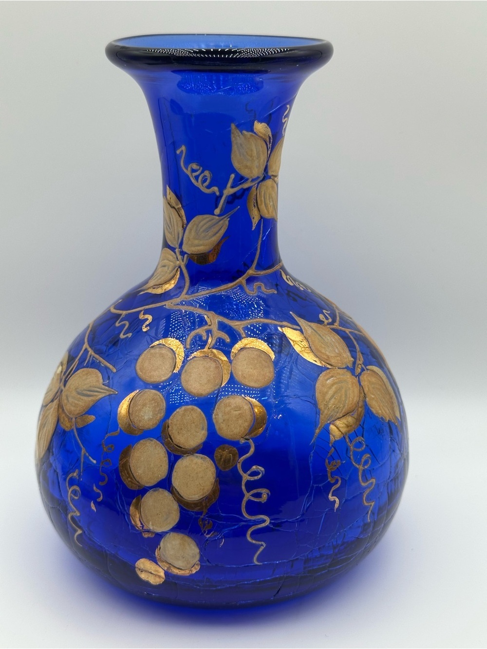 Vintage Landtree Art Cobalt Blue Glass Vase Hand Painted Gold Grapes Leaves